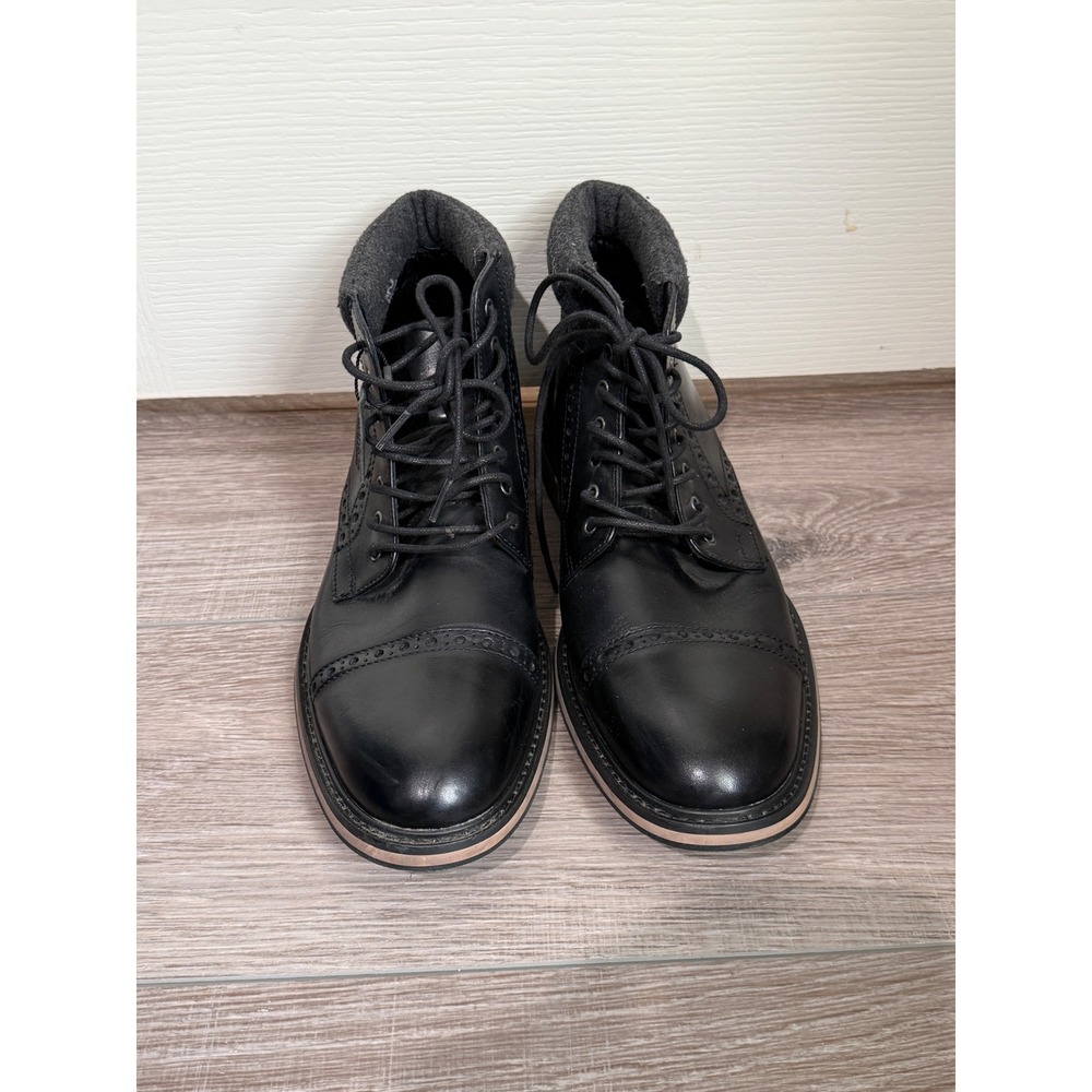 Express Mens Black Leather Brogue Cap Toe Boots with Wool Collar Lace Up
